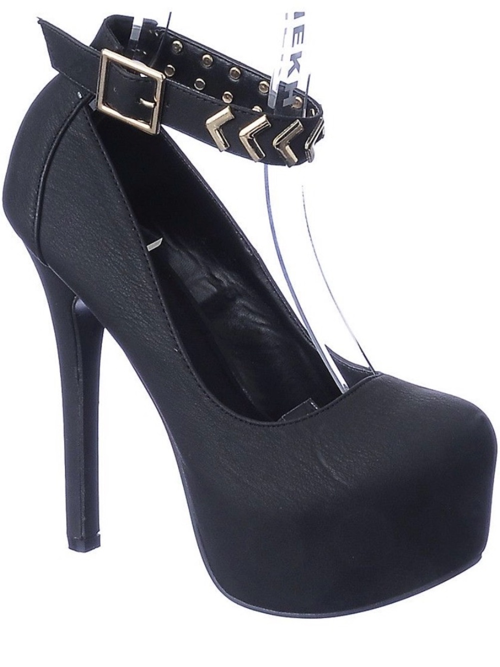 Glaze Black Platform Ankle-Strap 6” High Heels with Gold Accent